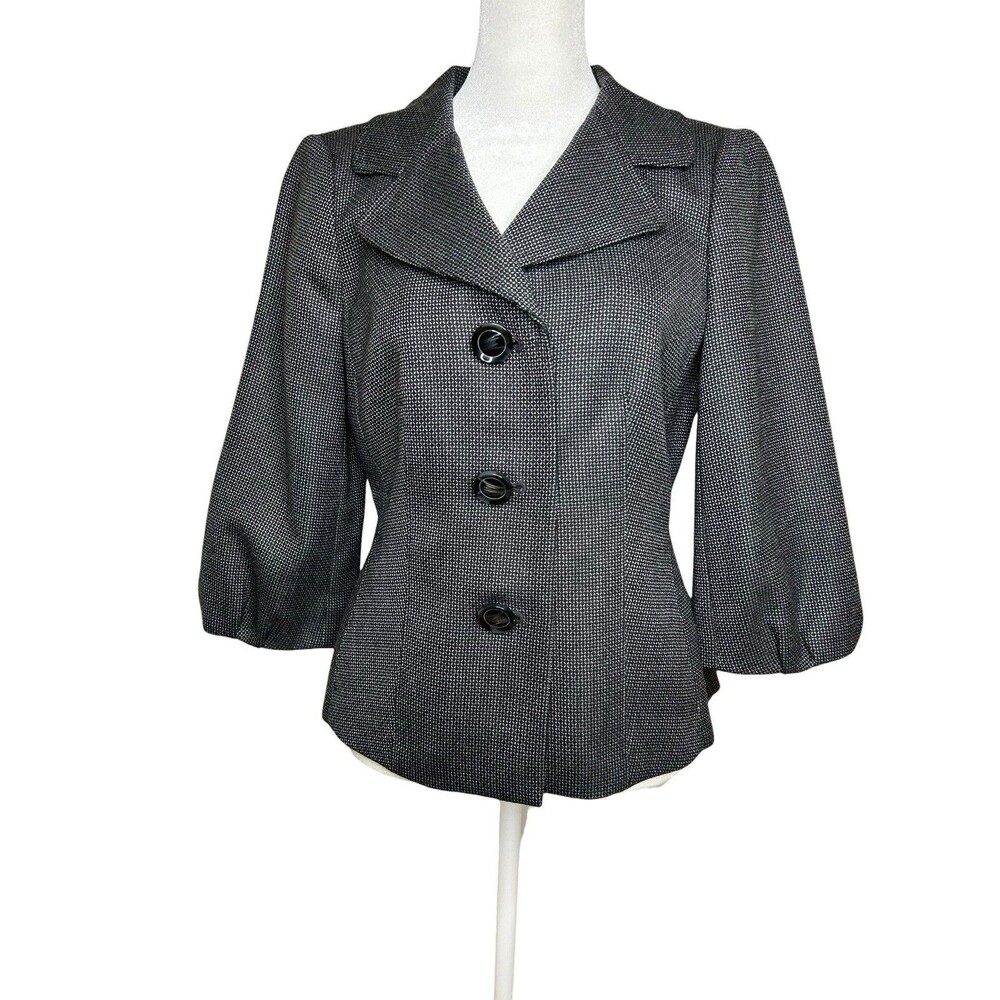 Ann Taylor Wool Blazer 3/4 Balloon Sleeve Shawl Collar Sz 4 Houndstooth Charcoal